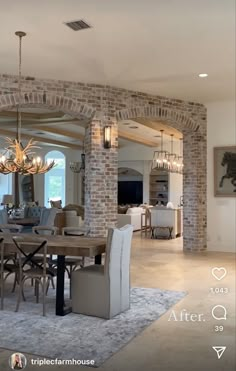 a dining room table with chairs and a chandelier hanging from it's ceiling