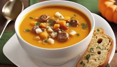 a white bowl filled with soup next to a slice of bread