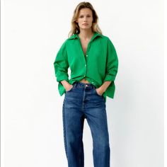 Size: S New With Tags Oversized Green Button Up Shirt Outfit, Green Oversized Shirt Outfit, Blue Shirt Outfit, Green Shirt Outfits, Oversized Shirt Outfit, Green Pants Outfit, Oversized Poplin Shirt, Green Outfits, Outfit Zara