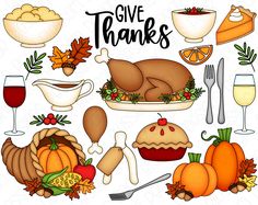 thanksgiving clipart set with turkey, pies and other food items including wine glasses