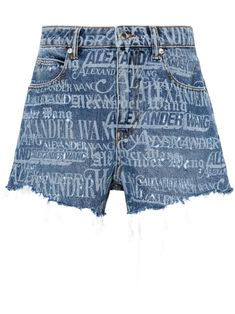 blue cotton/denim all-over logo print high waisted belt loops concealed fly and button fastening classic five pockets logo patch to the rear raw edge thigh length Alexander Wang Shorts, Alexander Wang Jeans, Designer Jeans For Women, Frayed Jeans, City Dress, Summer Beach Wear, Printed Denim, Designer Jeans, Raw Edge