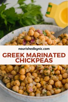 greek marinated chickpeas in a bowl with parsley