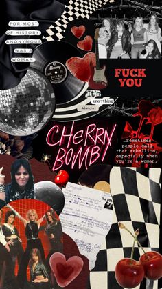 the collage has many different pictures and words on it, including cherries, checkered