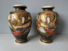 Rare vintage hand-painted Japanese Satsuma vases. Very collectable and beautiful pieces of Japanese art. In a good vintage condition, with the exception of some gold abrasion. If you would like to buy one vase, please let me know. Measurements: 12.3''/31.5 cm - height 7.5''/19 cm - base diameter. 4''/10 cm - opening diameter. Weight of both vases: 3.170 gr. Country of origin: Japan. Found in Belgium. Material: hand-painted ceramic DELIVERY: *We ship worldwide! *If you would like to buy several i Wine Cart, Japanese Vase Oen Shop, Satsuma Vase, Master Artist Japan Vase White, Antique Japonese Vase Satsuma, Hand Painted Vases, Painted Vases, Art Japonais, Hand Painted Ceramics