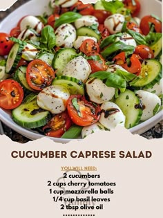 a salad with cucumber and tomatoes is shown in the middle of this poster