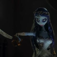 an animated corpse girl holding two scissors in her hand and looking at the camera with evil eyes