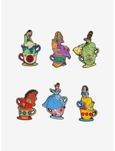 six disney pin badges with different characters on them, including princesses and teacups