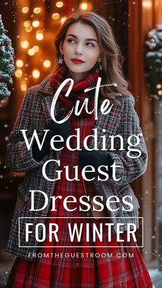 a woman standing in front of a christmas tree with the words cute wedding guest dresses for winter