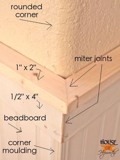 the corner of a room with measurements for wood