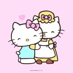 two hello kitty cartoon characters hugging each other on a pink background with hearts above them