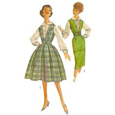 1950s Pattern - Queens Gambitt 'V' Pinafore Dress Blouse has wide collar, long set-in sleeves gathered into French cuffs and button front closing. Jumper has deep V front neckline and top-stitching detail. V.1 jumper has full softly pleated skirt. Shaped self belt may be fastened with button and buttonhole or nylon tape closure. V.2 has slim skirt with soft pleats at front waistline and back kick pleat. Belt is purchased. Offered here as:  Digital Download. This pattern is also available as a Pa Lingerie Petite, 1950s Patterns, Patron Vintage, Motif Vintage, Kick Pleat, Vintage Blouse, Skirt And Blouse, Simplicity Sewing Patterns, Pinafore Dress