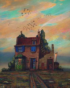 an oil painting of a house with birds flying over it and the sky in the background