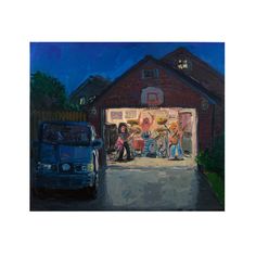 an oil painting of people standing in front of a garage at night with the door open