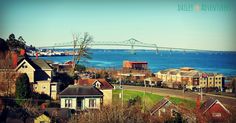 a view of a bridge over the water from a hill above some houses and trees