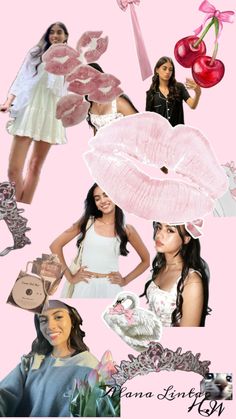 the collage has many different pictures of women in dresses and accessories on it, including cherries