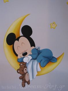 a painting of mickey mouse sleeping on the moon with a teddy bear in his lap