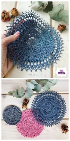 crocheted doily is shown in three different colors and sizes, with the video below it