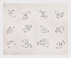 twelve zodiac signs drawn in black ink on a white paper with stars and sparkles