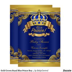 a blue and gold prince baby shower party with a crown on it's head