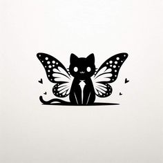 a black cat sitting on top of a white floor next to a butterfly wall decal