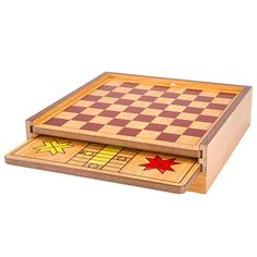 a wooden chess board with matching pieces on the back and red stars on the front