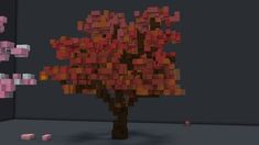 a tree with pink cubes in front of it