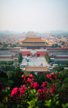 an aerial view of the forbidden city with flowers in foreground and buildings in the background