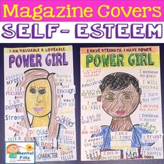 two posters with words written on them that say self - esttem and power girl