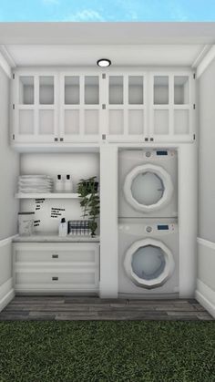 an image of a laundry room with washers and dryers in the closet area