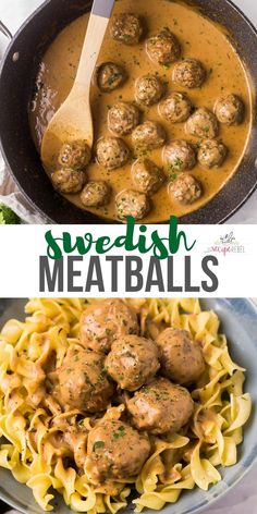 swedish meatballs with gravy in a skillet and on top of pasta