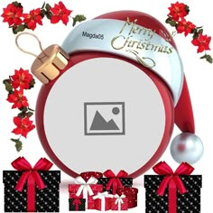 a christmas ornament surrounded by presents and poinsettis with the words merry christmas on it