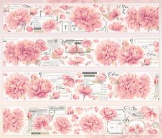 pink flowers are shown on the side of a white wallpaper with gold trimmings