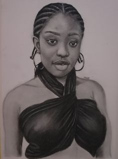 a drawing of a woman with braids on her head and one ear hanging down