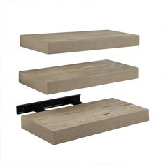 three wooden shelves with metal brackets on each side and one shelf above the other, in different positions