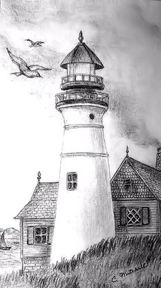 a drawing of a lighthouse with birds flying over it