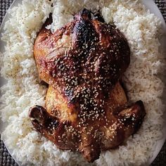 a white plate topped with chicken and rice covered in sesame seed sprinkles