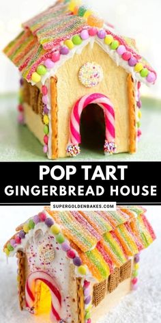 a gingerbread house made out of candy canes and marshmallows with text overlay that says pop tart gingerbread house