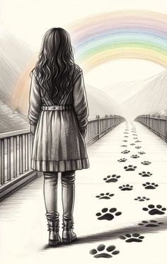 a drawing of a woman walking down a bridge with paw prints on the ground and a rainbow in the background