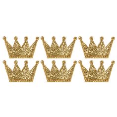 six gold glitter crowns on white background