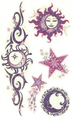 an assortment of temporary tattoos with stars, moon and crescent designs on white paper background