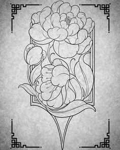 a drawing of flowers in a decorative frame