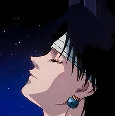 an anime character with ear rings looking up at the stars in the night sky behind him