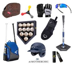 various baseball equipment including gloves, bat, glove and mitt are arranged on a white background