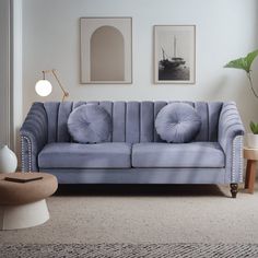 a living room with a blue couch and two pictures on the wall above it,