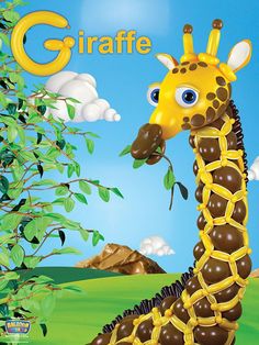 the giraffe is eating leaves out of its mouth in front of a tree