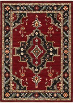 a red and black rug with an ornate design