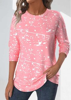 Color:Light Pink;Size:S;Size:M;Size:L;Size:XL;Size:XXL;Package Contents:1 X T Shirt;Occasion:Other;Style:Casual; Trendy Tops For Women, Trendy Tops, Tops For Women, Geometric Print, Long Sleeve T Shirt, Light Pink, On Sale, Long Sleeve, Pink