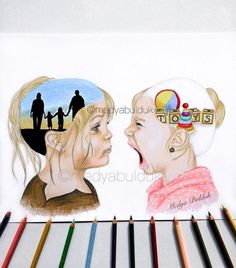 a drawing of two people facing each other with colored pencils in front of them