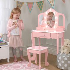 Kids' Vanity Set with 3 Mirrors and Light, Makeup Table and Stool for Girls, Vanity Table and Chair Set with Wood Makeup Playset for 4-9 Girls Toddler Vanity, Girls Vanity Table, 3 Mirrors, Kids Vanity Set, Girls Vanity, Vanity Trays, Makeup Dressing Table, Shared Bedroom, Vanity Set With Mirror