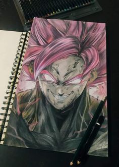 a drawing of a man with pink hair and glasses on top of a table next to a pencil